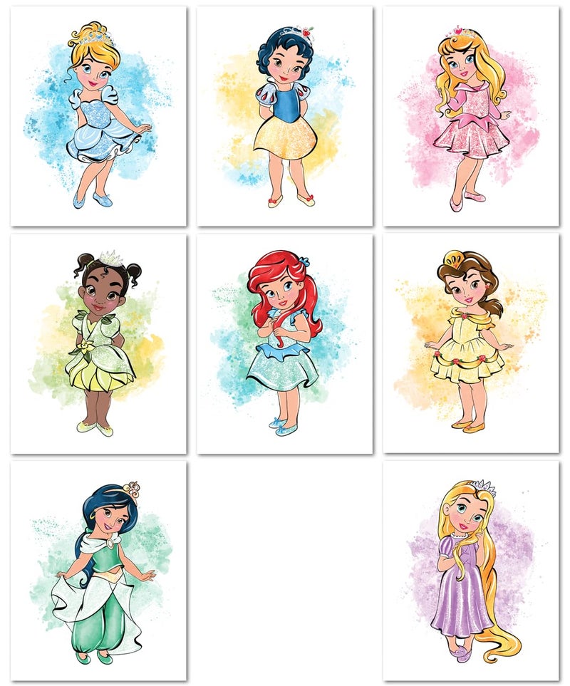 Nistio Baby Princess Posters for Girls Room Decor Nursery Art Featuring Cinderella Ariel and Belle Princess Wall Art for Kids Unframed Set of 8 8x10
