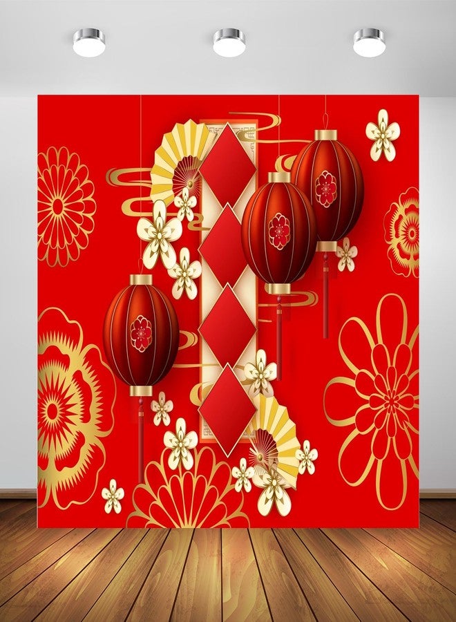 BELECO 7x5ft Fabric Chinese New Year Backdrop Happy New Year 2025 Red Lanterns Flowers Lunar New Year Background Asian New Year Spring Festival Decorations Party Banner Photo Booth Studio Props - Image 1