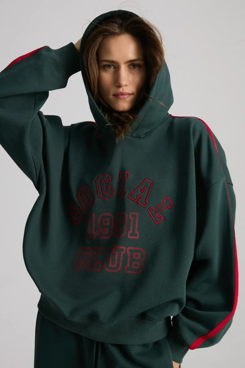 GRIMELANGE Possibility Women's Printed Hooded Green Sweatshirt