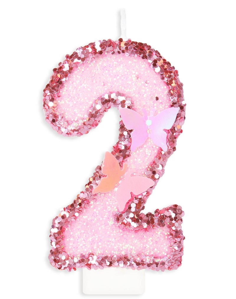 YIRAN Birthday Candles Number 2, Butterfly Personalised Pink Cake Decoration, Glittering Children's and Adult Anniversary Decoration - Image 1