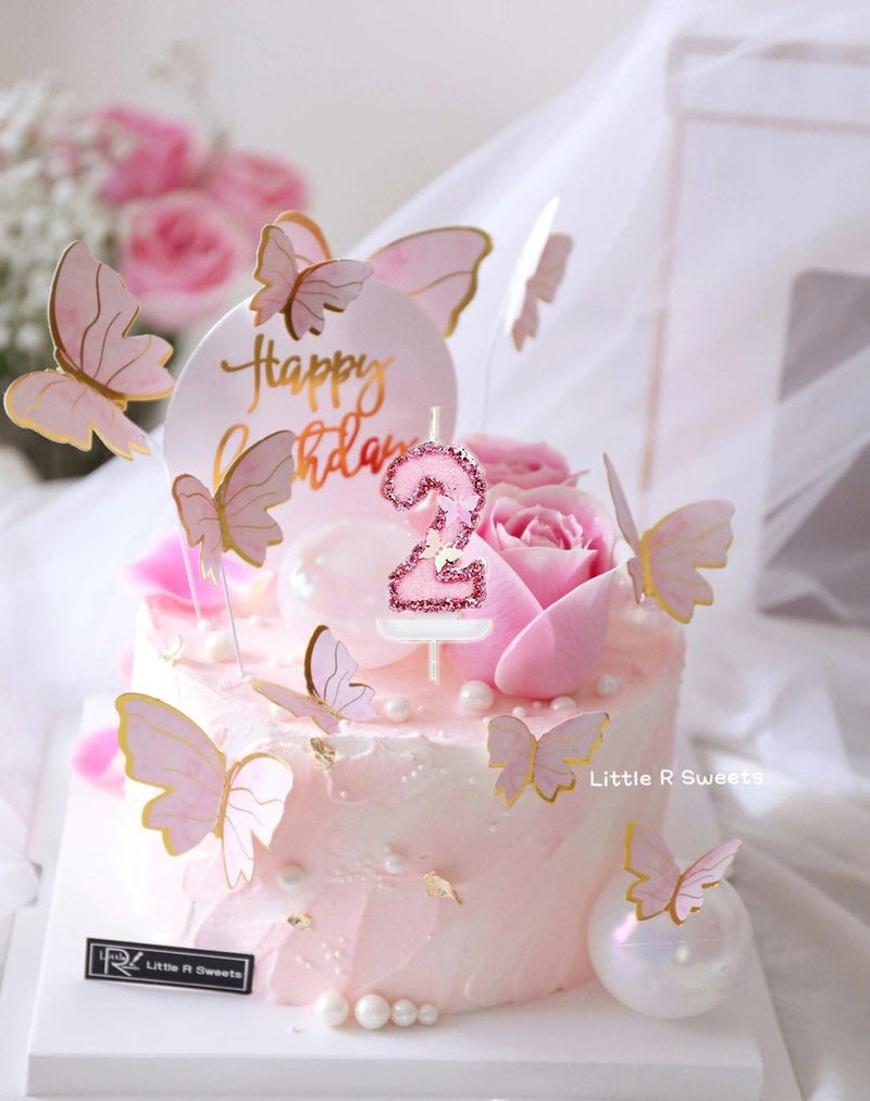 YIRAN Birthday Candles Number 2, Butterfly Personalised Pink Cake Decoration, Glittering Children's and Adult Anniversary Decoration - Image 2