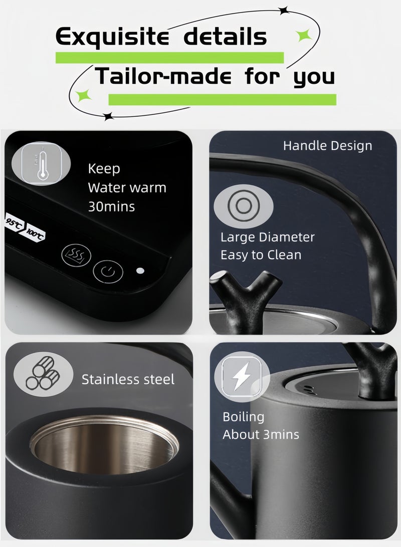 نيهاو غلاية متعددة الوظائف بتصميم عنق الإوزة V60، غلاية كهربائية، إبريق قهوة وشاي، سعة 1000 مل، قدرة 1000 واط مع تعديل درجة الحرارة بواسطة مقبض، عزل تلقائي مع DigiTemperature، مصنوع من الفولاذ المقاوم للصدأ 304، مناسب للاستخدام في المنزل والمكتب - أسود - Image 5