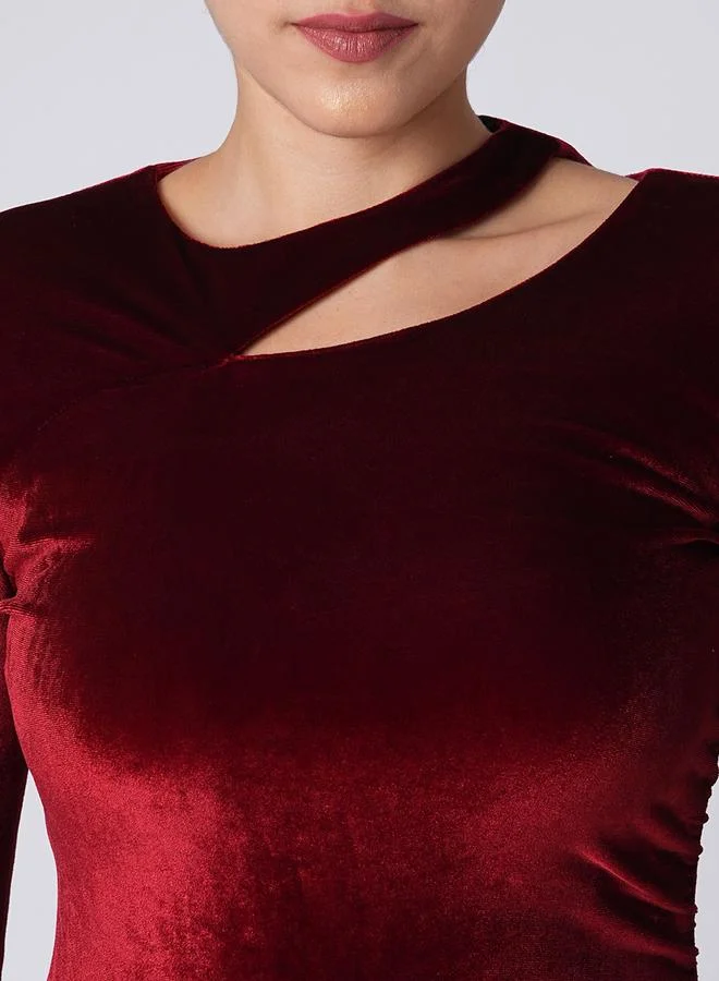 globus Maroon Velvet Look Cut-Out Detail Knee Length Dress
