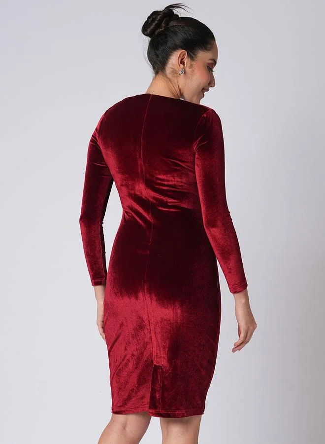 globus Maroon Velvet Look Cut-Out Detail Knee Length Dress