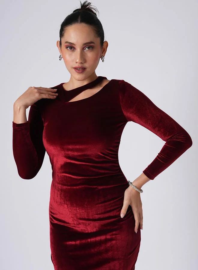 globus Maroon Velvet Look Cut-Out Detail Knee Length Dress