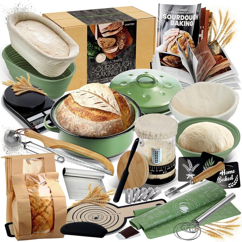 CraftZee All-Inclusive 𝗣𝗥𝗘𝗠𝗜𝗨𝗠 Sourdough Starter Kit with Pot, 34 Oz Starter Jar, 4 Banneton Bread Proofing Baskets, Scraper, Scale, Sourdough Bread Baking Supplies, Detailed Beginner Guide & Recipes - Image 1