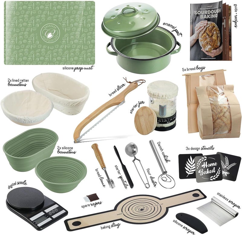 CraftZee All-Inclusive 𝗣𝗥𝗘𝗠𝗜𝗨𝗠 Sourdough Starter Kit with Pot, 34 Oz Starter Jar, 4 Banneton Bread Proofing Baskets, Scraper, Scale, Sourdough Bread Baking Supplies, Detailed Beginner Guide & Recipes - Image 2
