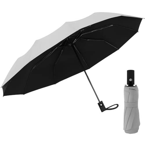 PRANIJ One-Click Auto Open/Close 3-Fold Travel Umbrella For Women, Men, & Kids, Sun & UV Protection Compact Lightweight Windproof Umbrella for Rain (Light Grey) - Image 1