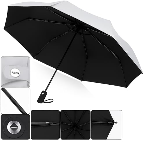 PRANIJ One-Click Auto Open/Close 3-Fold Travel Umbrella For Women, Men, & Kids, Sun & UV Protection Compact Lightweight Windproof Umbrella for Rain (Light Grey) - Image 3