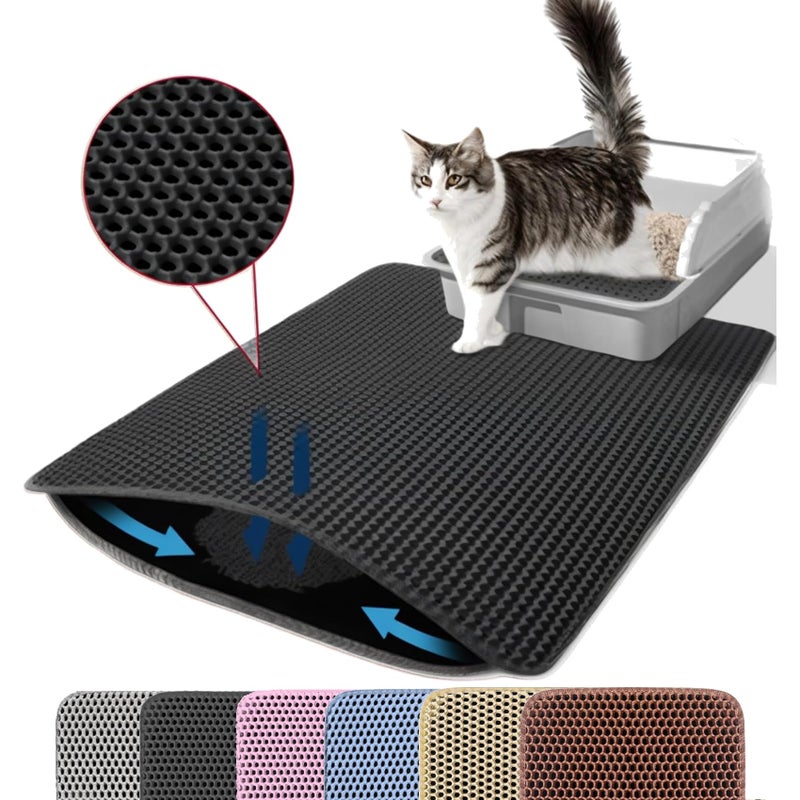 Petinstinct Extra Large Cat Litter Mat, 30x22 Inches Honeycomb Double Layer Cat Litter Trapping Mat, Non Slip Waterproof Urine Proof Large Kitty Litter Box Mat for Floor, Kitten Supplies, XL, Black - Image 1
