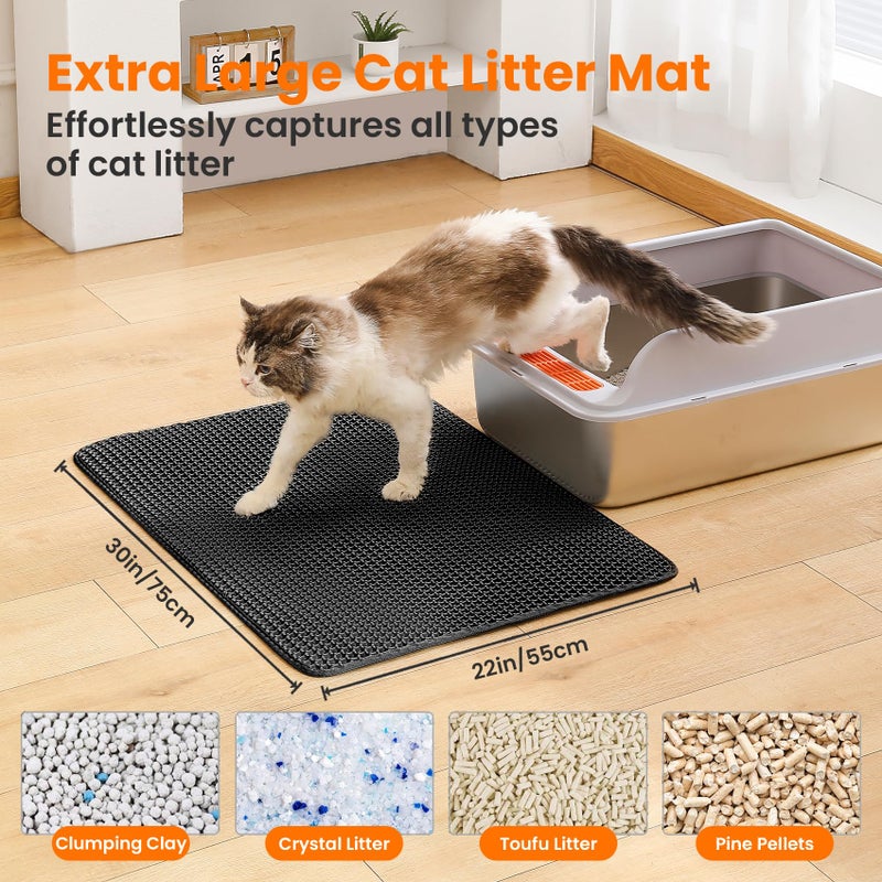 Petinstinct Extra Large Cat Litter Mat, 30x22 Inches Honeycomb Double Layer Cat Litter Trapping Mat, Non Slip Waterproof Urine Proof Large Kitty Litter Box Mat for Floor, Kitten Supplies, XL, Black - Image 2