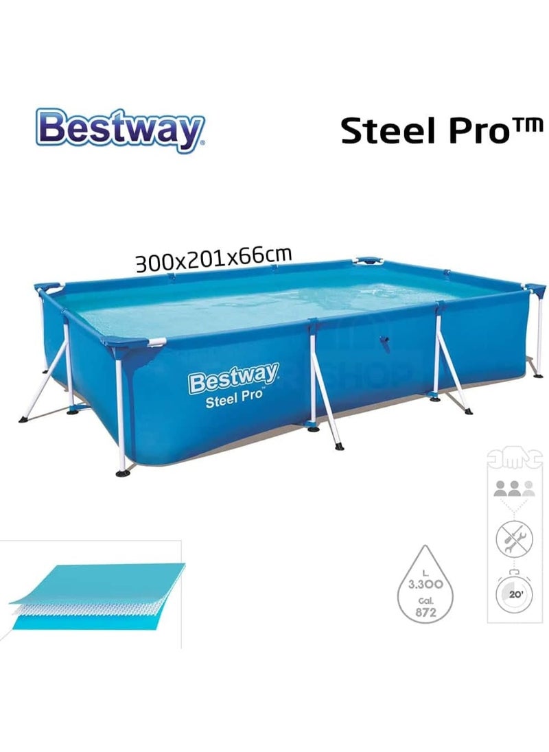 مسبح حديدي مستطيل Bestway Steel Pro – مقاس 300x201x66 سم | سعة 3300 لتر – هيكل قوي وبطانة PVC ثلاثية