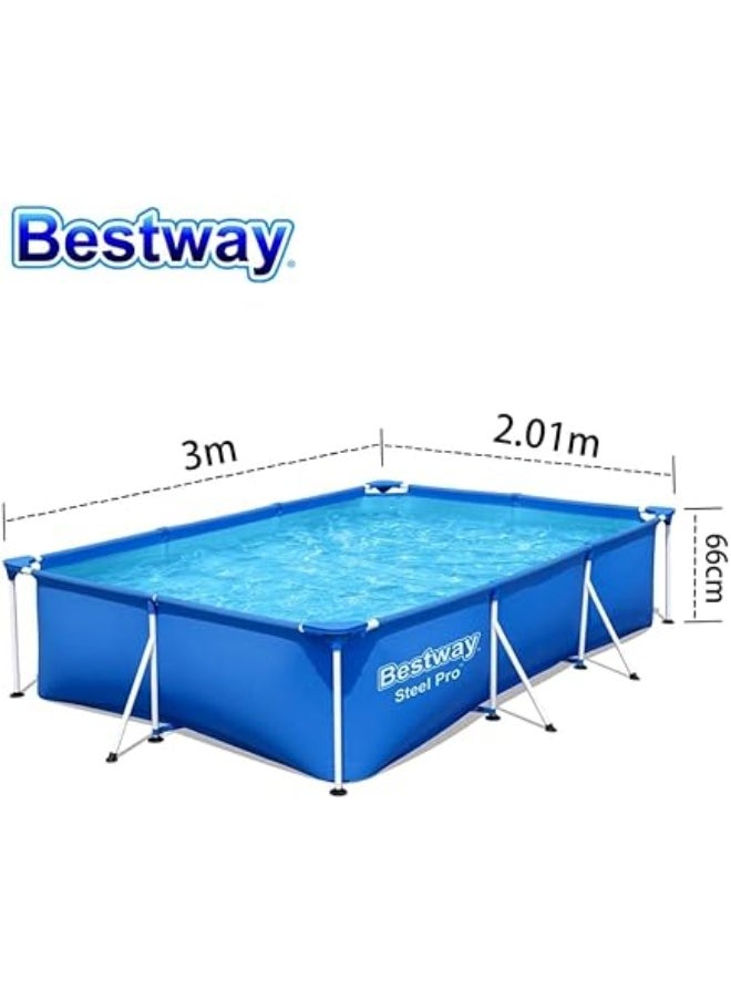 مسبح حديدي مستطيل Bestway Steel Pro – مقاس 300x201x66 سم | سعة 3300 لتر – هيكل قوي وبطانة PVC ثلاثية