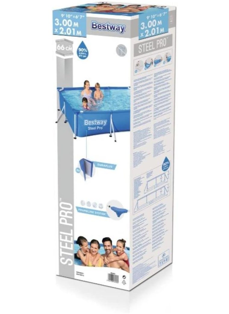 مسبح حديدي مستطيل Bestway Steel Pro – مقاس 300x201x66 سم | سعة 3300 لتر – هيكل قوي وبطانة PVC ثلاثية