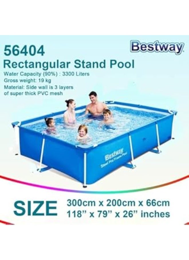 مسبح حديدي مستطيل Bestway Steel Pro – مقاس 300x201x66 سم | سعة 3300 لتر – هيكل قوي وبطانة PVC ثلاثية