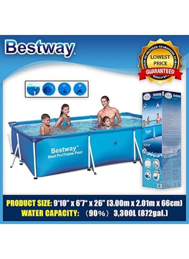 مسبح حديدي مستطيل Bestway Steel Pro – مقاس 300x201x66 سم | سعة 3300 لتر – هيكل قوي وبطانة PVC ثلاثية