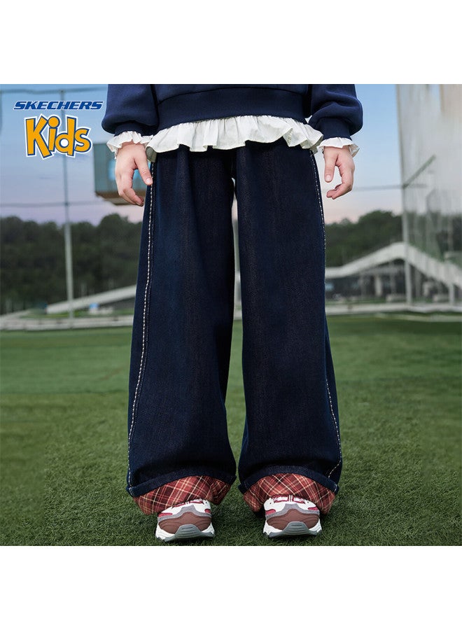 Skechers Girls' Kids' Pants Winter Casual Plaid Denim Jeans Dark Blue Black 130 - Image 1