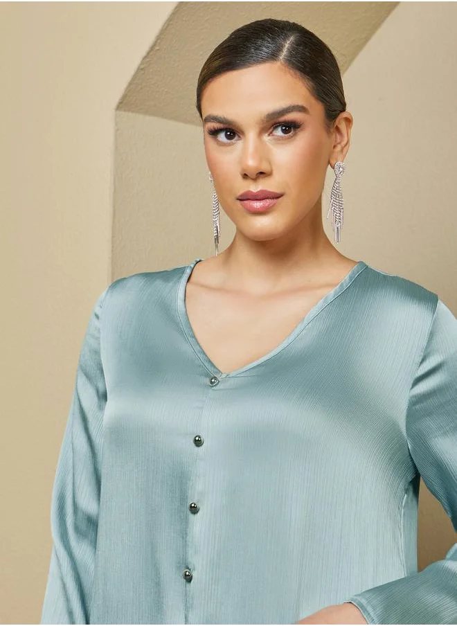 Styli Textured V Neck Jalabiya with Buttons Detail