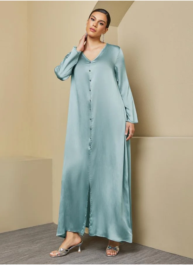 Styli Textured V Neck Jalabiya with Buttons Detail