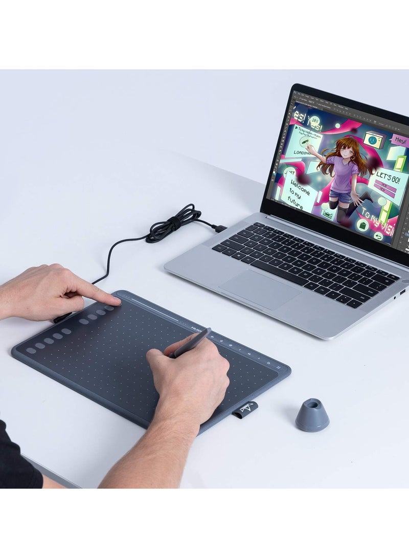 HUION HS611 Graphics Drawing Tablet 10X6 inch with 8192 Levels Battery-Free Pen, 8 Multimedia Keys and 10 Press Keys, Support Android, Ideal Use for Distance Education and Wed Conference Grey - Image 2