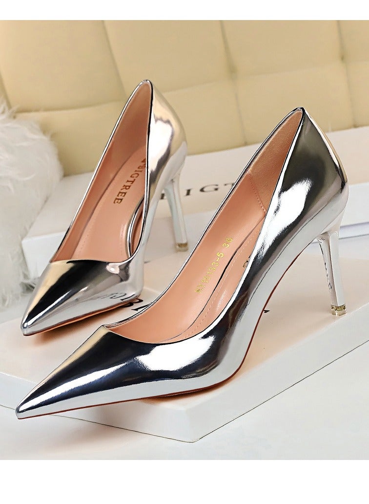 بيج تري Pointed Toe Slip On Solid High Heels Silver