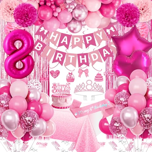 Fantspati 8th Birthday Decorations for Girls Pink Party Decorations with Number 8 Balloon Happy Birthday Banner Bday Sash Crown Tablecloth Fringe Curtain Hanging Swirl for 8 Balloons for Bday Girl - Image 1