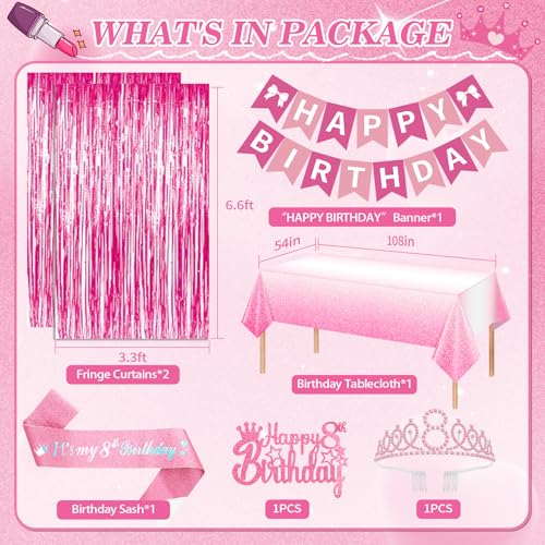 Fantspati 8th Birthday Decorations for Girls Pink Party Decorations with Number 8 Balloon Happy Birthday Banner Bday Sash Crown Tablecloth Fringe Curtain Hanging Swirl for 8 Balloons for Bday Girl - Image 5