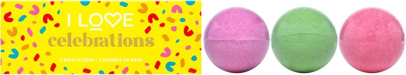 I Love Special Moments Celebrations Bath Fizzers Gift Set Set of 3 Skin Hydrating Bath Fizzers in Vibrant Pink Green and Purple Fragrant Scents for Joyful Bubble Bath Experience Pack of 3