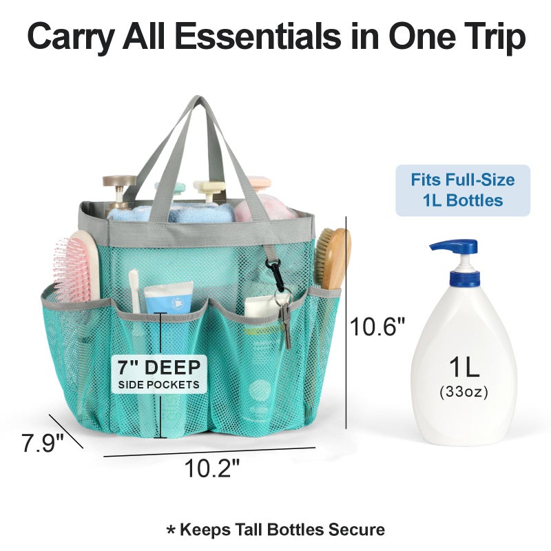 F-color Mesh Shower Caddy Portable, Upgrade Deeper 7 Pockets Shower Bag Basket Bag for College Dorm Room Toiletry Bathroom Essentials Gym Camp Quick Dry 2 handles with S Hook, Mint Green - Image 3
