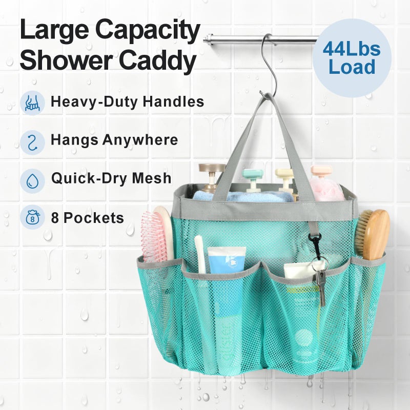 F-color Mesh Shower Caddy Portable, Upgrade Deeper 7 Pockets Shower Bag Basket Bag for College Dorm Room Toiletry Bathroom Essentials Gym Camp Quick Dry 2 handles with S Hook, Mint Green - Image 4