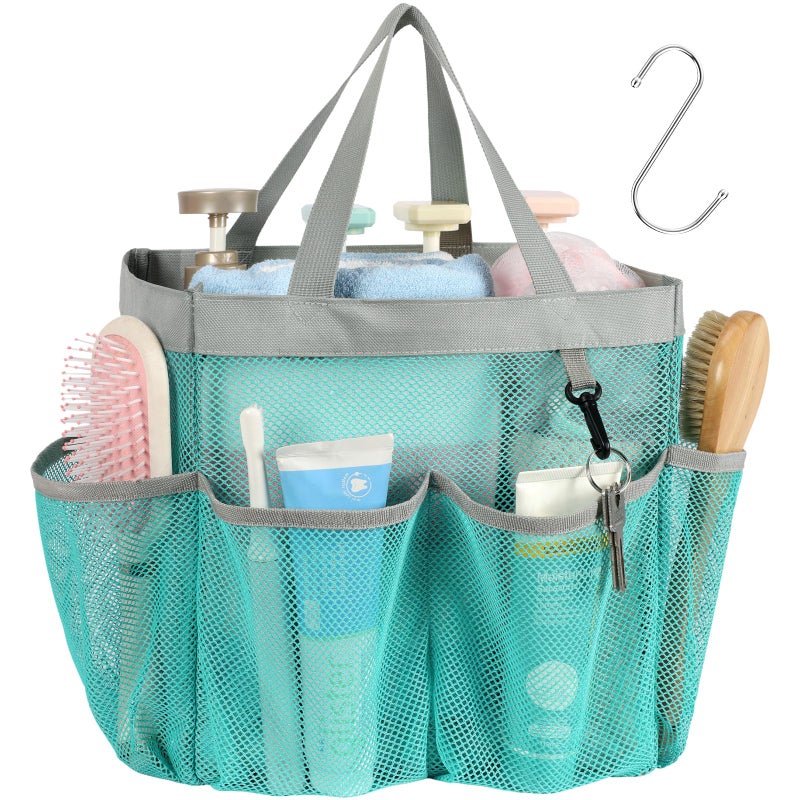 F-color Mesh Shower Caddy Portable, Upgrade Deeper 7 Pockets Shower Bag Basket Bag for College Dorm Room Toiletry Bathroom Essentials Gym Camp Quick Dry 2 handles with S Hook, Mint Green - Image 1