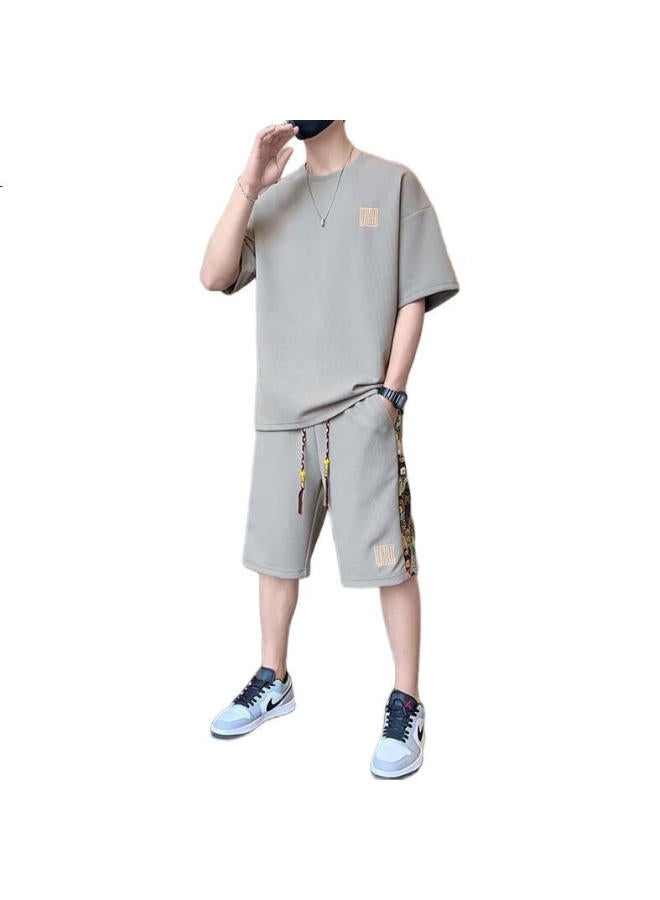 PLAYBOY Men'S Short Sleeve T-Shirt Set Men'S Summer Ice Silk Top Brand Loose Waffle Grid Shorts Sports Half Sleeve - Image 2