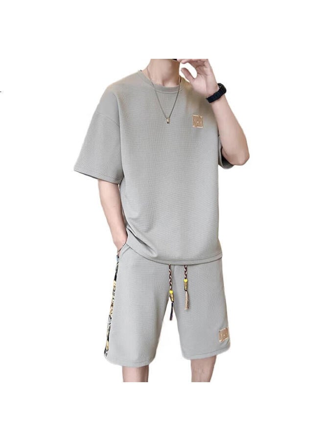 PLAYBOY Men'S Short Sleeve T-Shirt Set Men'S Summer Ice Silk Top Brand Loose Waffle Grid Shorts Sports Half Sleeve - Image 3
