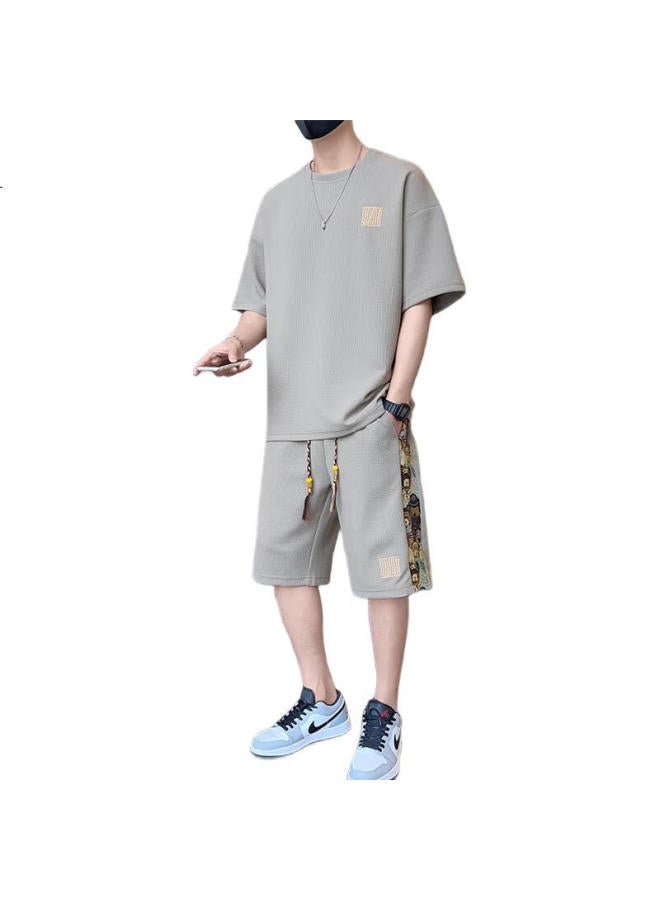 PLAYBOY Men'S Short Sleeve T-Shirt Set Men'S Summer Ice Silk Top Brand Loose Waffle Grid Shorts Sports Half Sleeve - Image 1