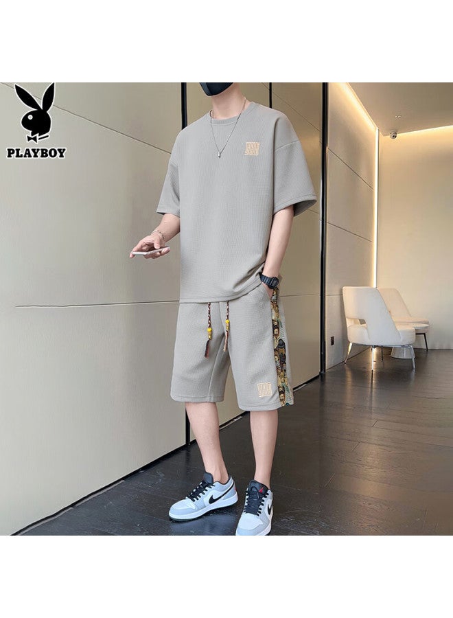 Playboy Men's Short Sleeve T-shirt Set Men's Summer Ice Silk Top Brand Loose Waffle Grid Shorts Sports Half Sleeve - Image 3
