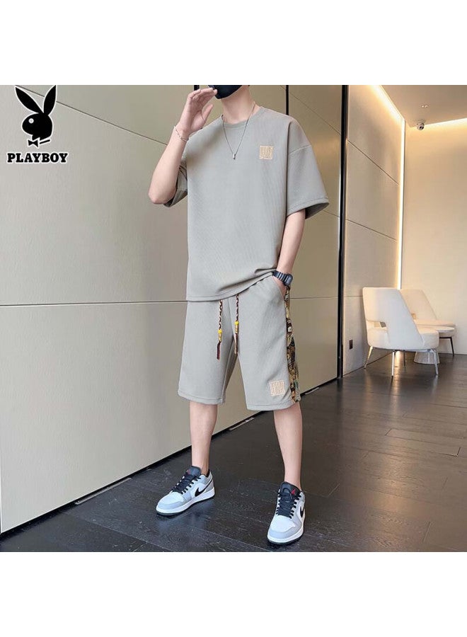 Playboy Men's Short Sleeve T-shirt Set Men's Summer Ice Silk Top Brand Loose Waffle Grid Shorts Sports Half Sleeve - Image 4