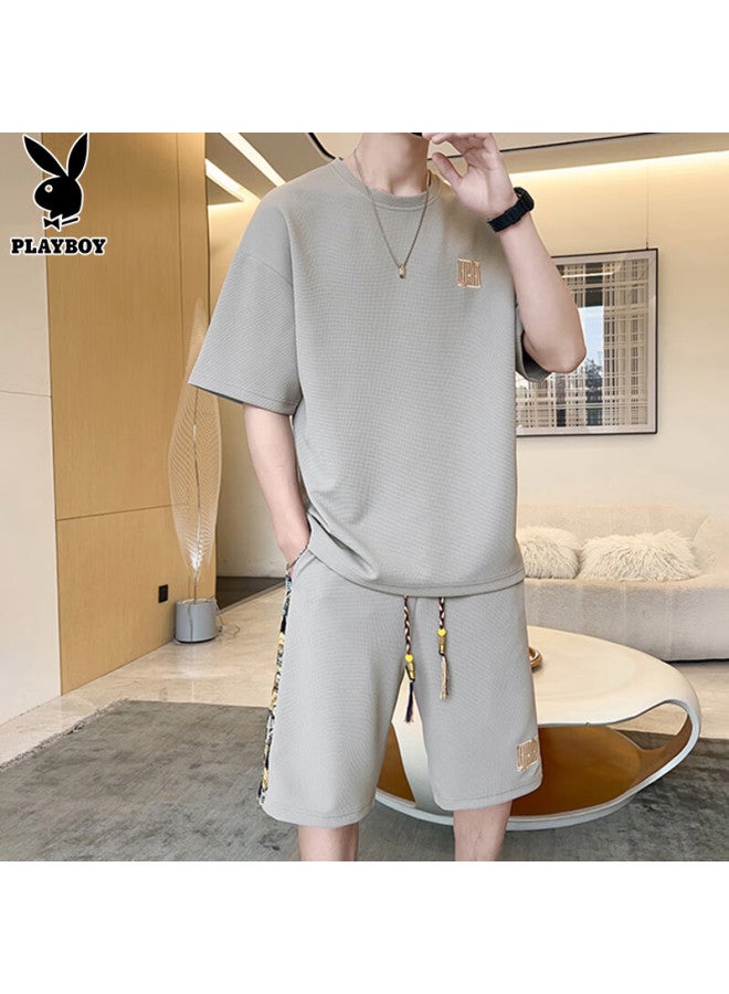 Playboy Men's Short Sleeve T-shirt Set Men's Summer Ice Silk Top Brand Loose Waffle Grid Shorts Sports Half Sleeve - Image 2
