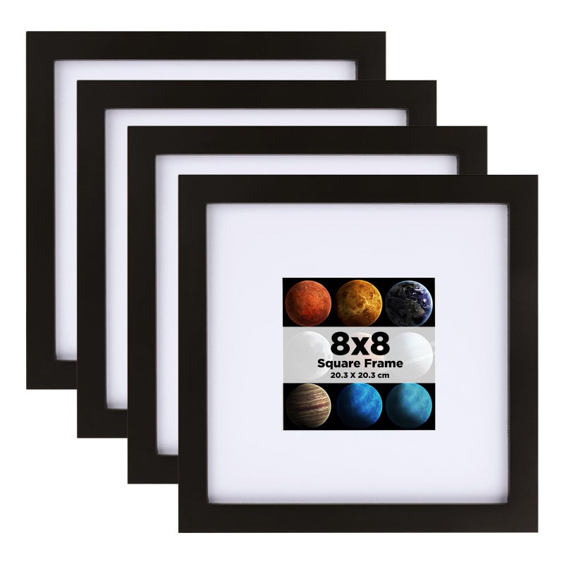 مجموعة إطارات صور EGOFINE 8x8 من 4 إطارات صور خشبية صلبة مع زجاج أكريليك لصورة 4x4 مع إطار أو 20x20 سم بدون إطار إطارات مربعة مع قاعدة عرض على الطاولة وتعليق على الحائط باللون الأسود