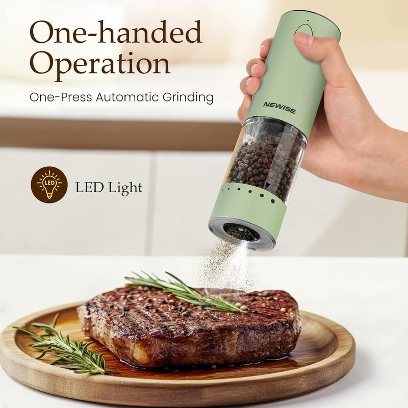Newise طقم مطحنة ملح وفلفل كهربائية قابلة للشحن مع أضواء LED، مطحنة ملح وفلفل أوتوماتيكية، قابلية ضبط الخشونة، سعة كبيرة، أخضر - Image 2