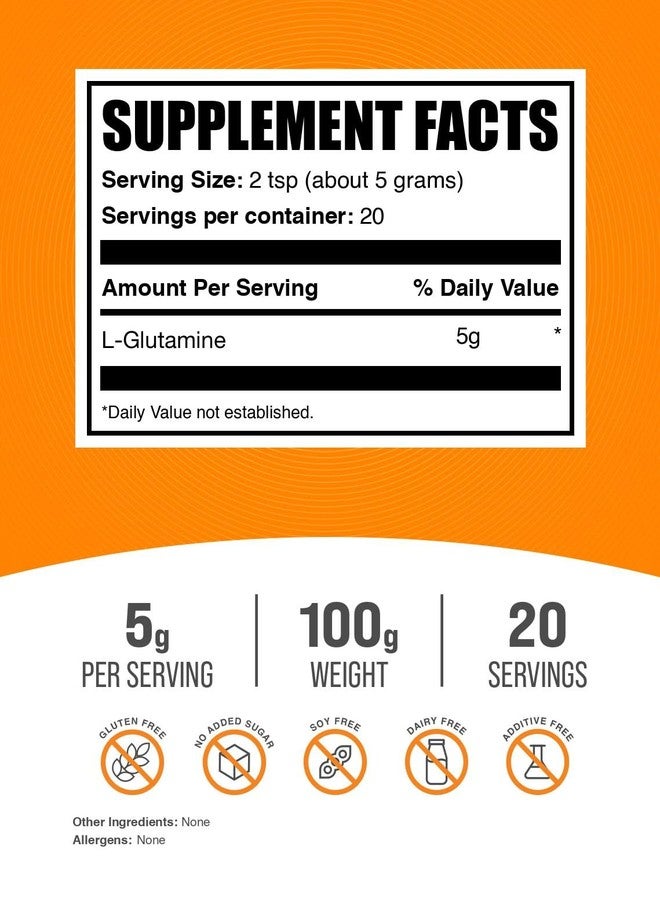 BulkSupplements.com L-Glutamine Powder - Glutamine Supplement, for Recovery & Gut Health - Unflavored & Gluten Free, 5g (5000mg) per Serving, 100g (3.5 oz) (Pack of 1) - Image 2