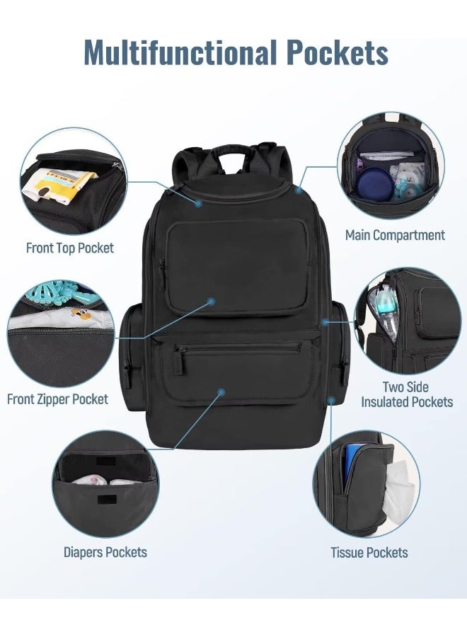 Mancro Baby Changing Bags Backpack with 2 Insulated Pocket for Feeding Bottles, Travel Nappy Bags Rucksack with Stroller Clips, Wide Open Compartment Multifunctional Diaper Baby Bag for Mom Dad, Black - Image 5