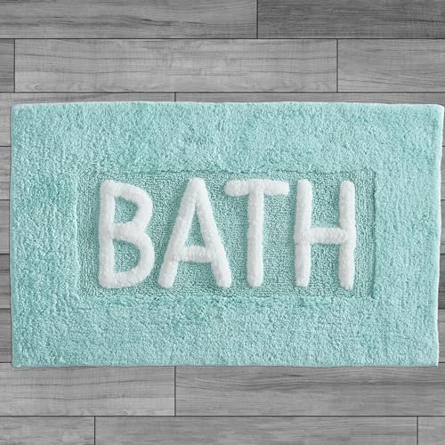 Creative Home Ideas Cotton Bath Rug - Soft Cotton Bath Mat - Bathroom Decor - Water Absorbent and Machine Washable - Measures 21"x34" - "Bath" - Aqua Blue - Image 1