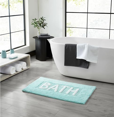 Creative Home Ideas Cotton Bath Rug - Soft Cotton Bath Mat - Bathroom Decor - Water Absorbent and Machine Washable - Measures 21"x34" - "Bath" - Aqua Blue - Image 2