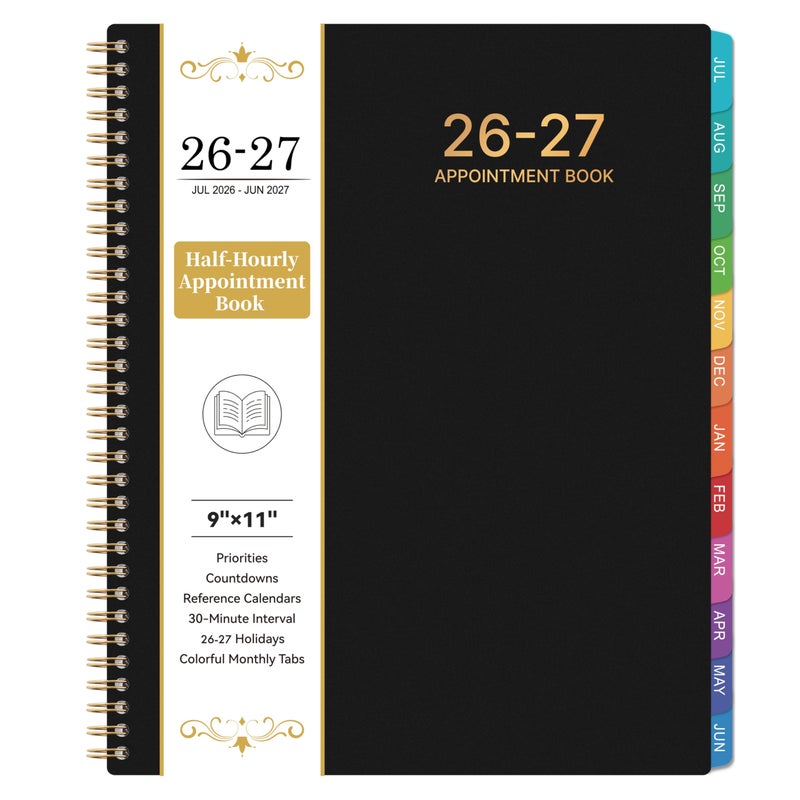 BooQool Appointment Book 2026-2027 - Planner 2026-2027, 9" x 11", July 2026 - June 2027, Daily Hourly Planner with 30-Minute Interval, Weekly & Monthly, Colorful Monthly Tabs, Inner Pocket - Black - Image 1