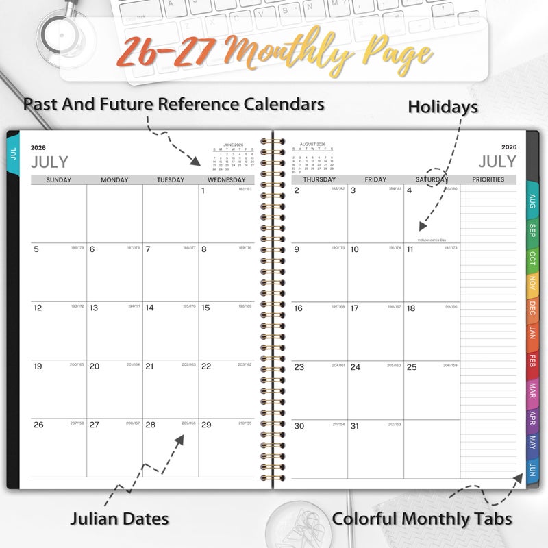 BooQool Appointment Book 2026-2027 - Planner 2026-2027, 9" x 11", July 2026 - June 2027, Daily Hourly Planner with 30-Minute Interval, Weekly & Monthly, Colorful Monthly Tabs, Inner Pocket - Black - Image 3