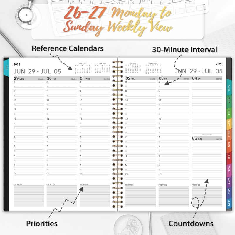 BooQool Appointment Book 2026-2027 - Planner 2026-2027, 9" x 11", July 2026 - June 2027, Daily Hourly Planner with 30-Minute Interval, Weekly & Monthly, Colorful Monthly Tabs, Inner Pocket - Black - Image 4