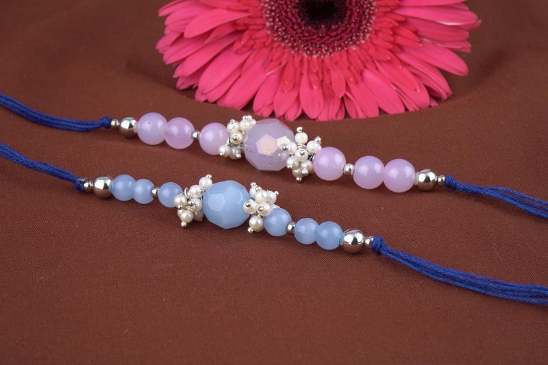 JFL Mens - Jewelleryforless Handmade Combo Of 2 Beaded Rakhis With Semi-Precious Lavender Pink & Blue Onyx Bead N Pearls Set For Brother Bhaiya With Roli Chawal And Hand Written Greeting Note - Image 2