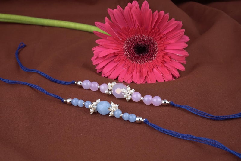 JFL Mens - Jewelleryforless Handmade Combo Of 2 Beaded Rakhis With Semi-Precious Lavender Pink & Blue Onyx Bead N Pearls Set For Brother Bhaiya With Roli Chawal And Hand Written Greeting Note - Image 3