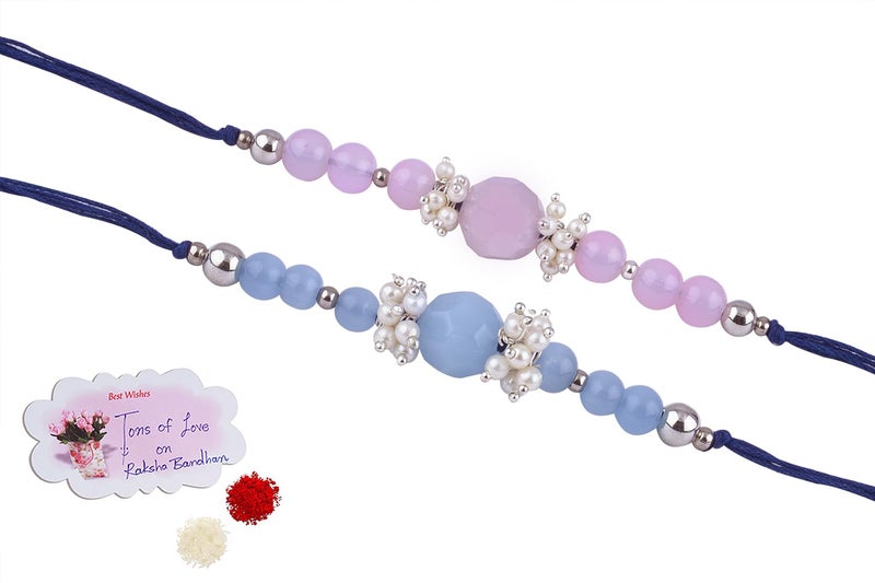 JFL Mens - Jewelleryforless Handmade Combo Of 2 Beaded Rakhis With Semi-Precious Lavender Pink & Blue Onyx Bead N Pearls Set For Brother Bhaiya With Roli Chawal And Hand Written Greeting Note - Image 1