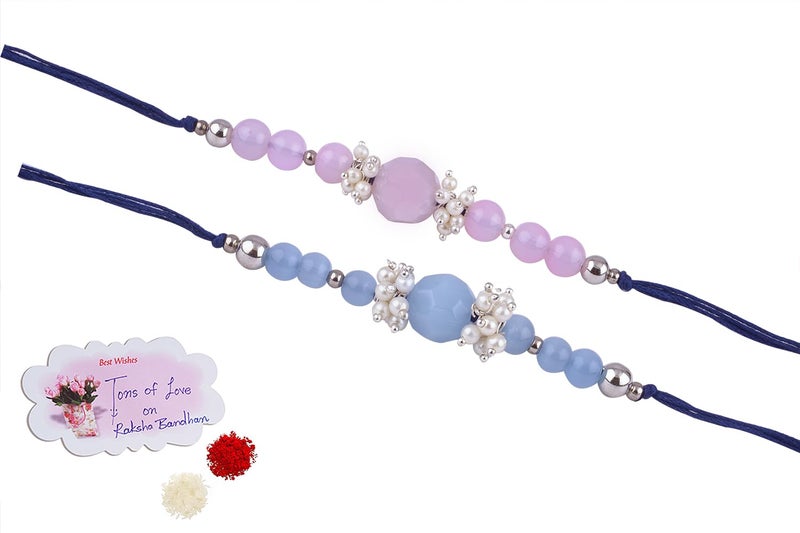 JFL Mens - Jewelleryforless Handmade Combo Of 2 Beaded Rakhis With Semi-Precious Lavender Pink & Blue Onyx Bead N Pearls Set For Brother Bhaiya With Roli Chawal And Hand Written Greeting Note - Image 4